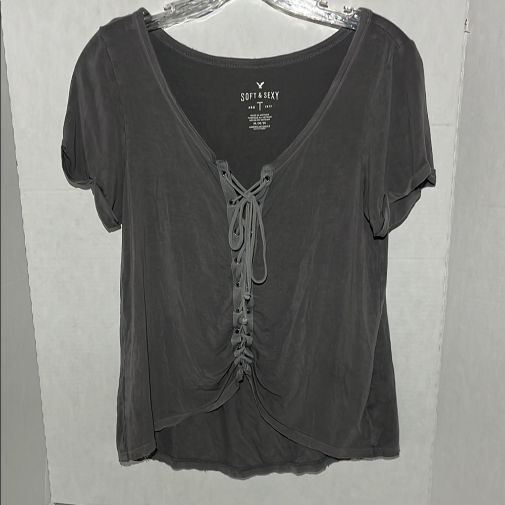 American Eagle Outfitters Gray Tie Front T-Shirt
